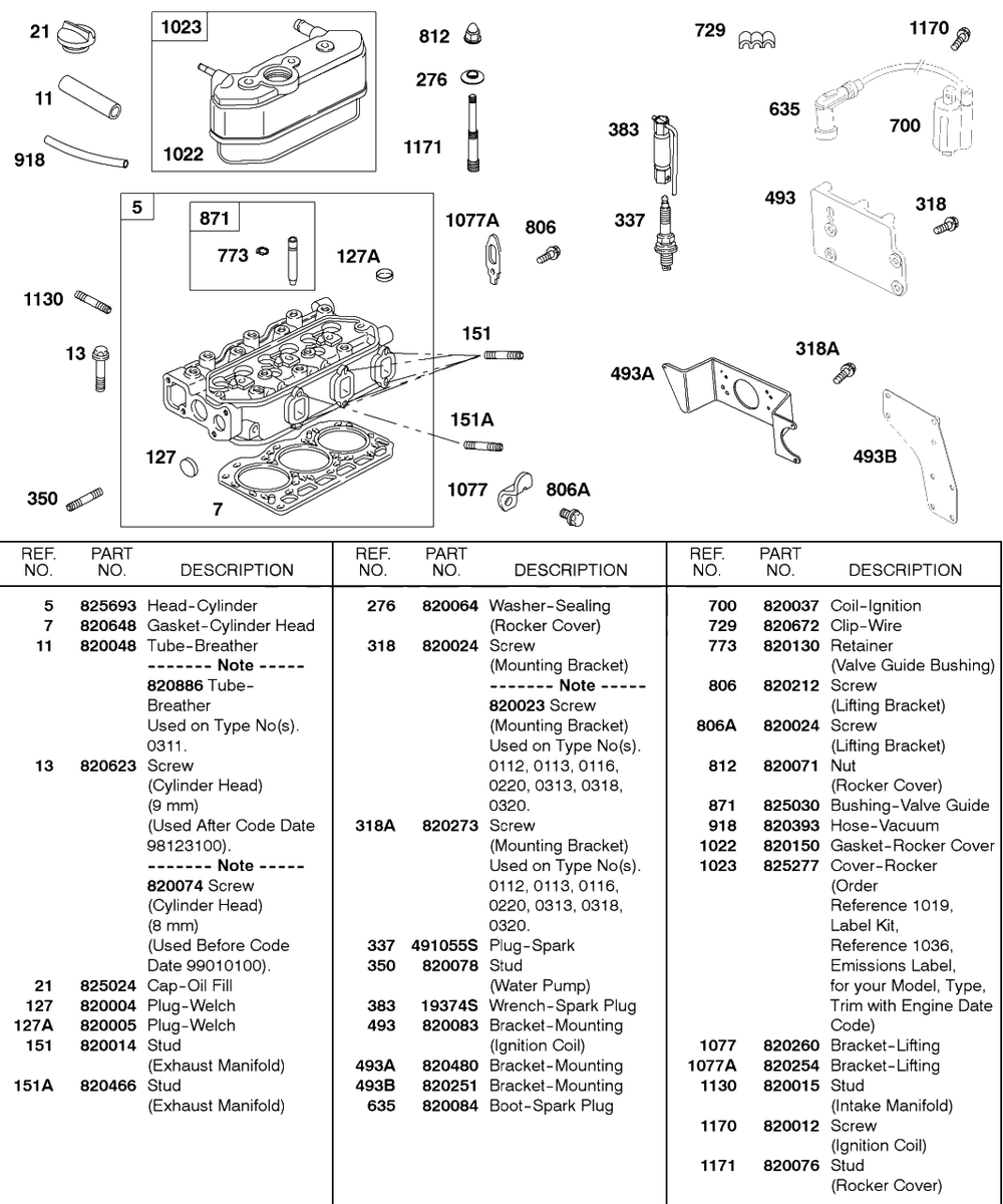 Cylinder Head, Rocker Cover, Ignition Diagram and Parts List for 580447-0315-XX  Briggs and Stratton Engine